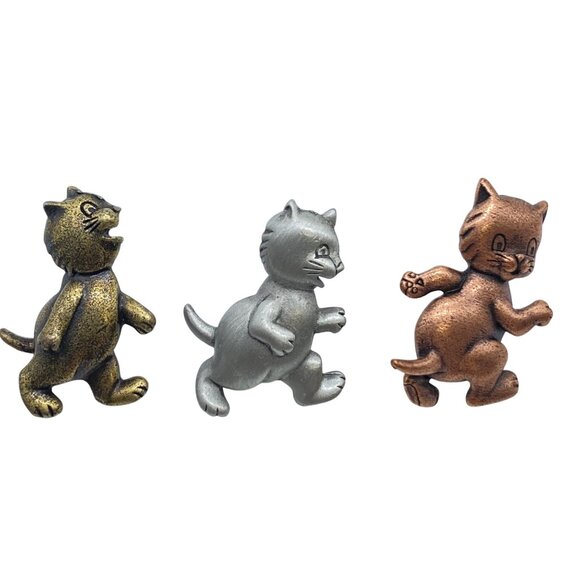 Set Of 3 Vintage Cat Lapel Pins Bronze Silver Gold Tones Secure Backings Retro - Picture 1 of 8
